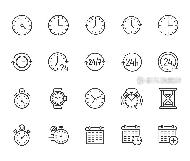 Time flat line icons set. Alarm clock, stopwatch, timer, sand glass, day and night, calendar vector illustrations. Thin signs for productivity management. Pixel perfect 64x64. Editable Strokes